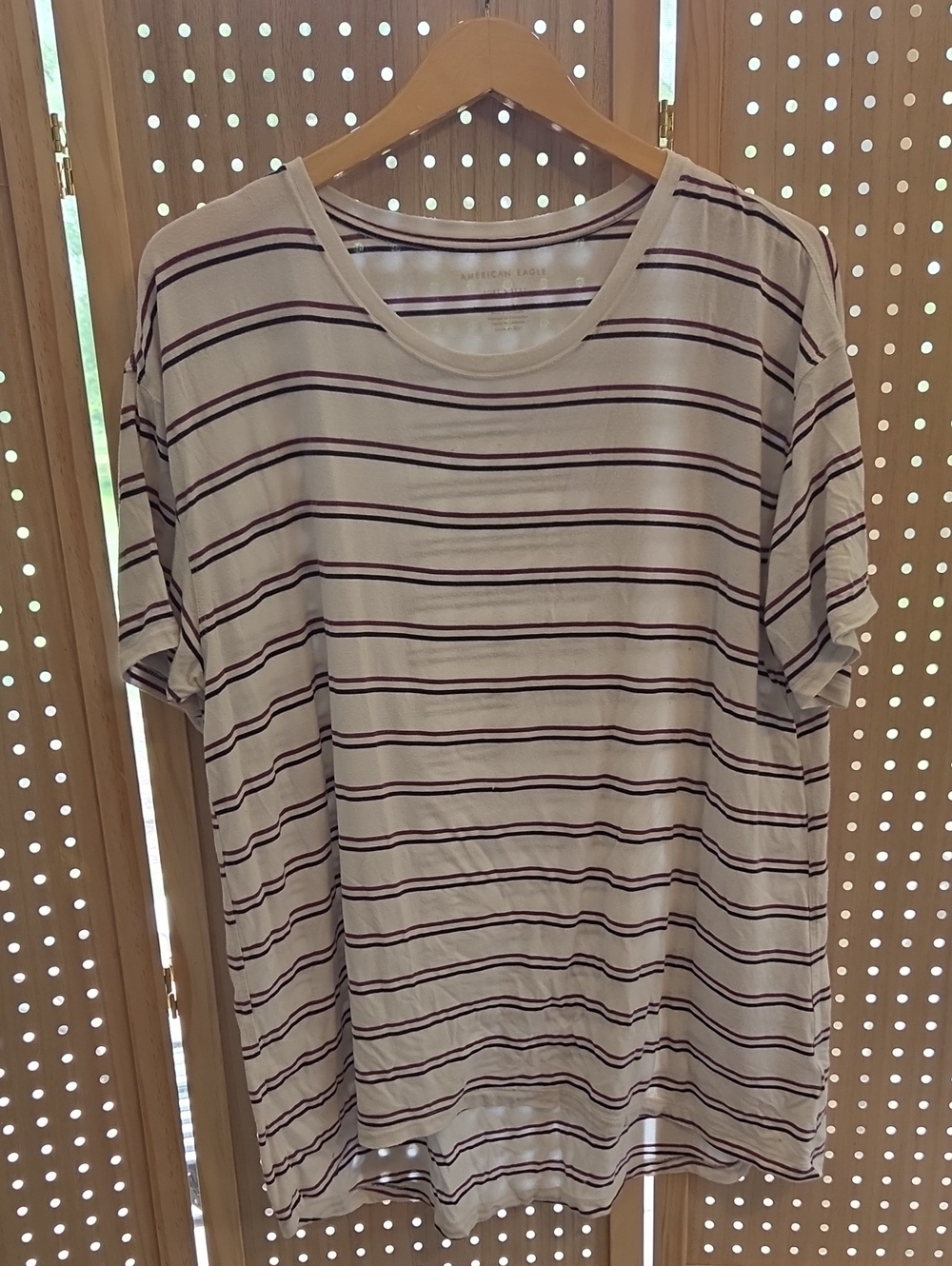 American Eagle Outfitters Cream Tee (Stained) with Navy and Burgundy Stripes